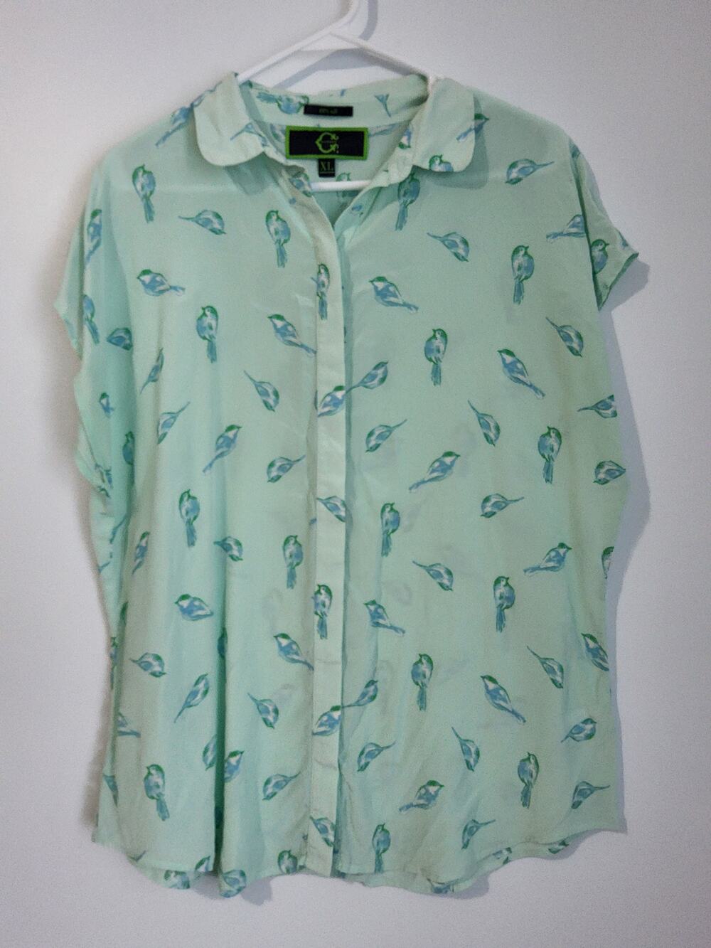 C Wonder Womens XL 100% Silk Bird Print Blouse Mint Blue Button Down